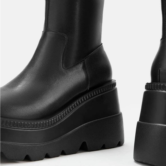 NEW Square Toe Chunky Wedge Sole Platform Slip On Sock Half Calf Bootie Boots - Picture 5 of 7